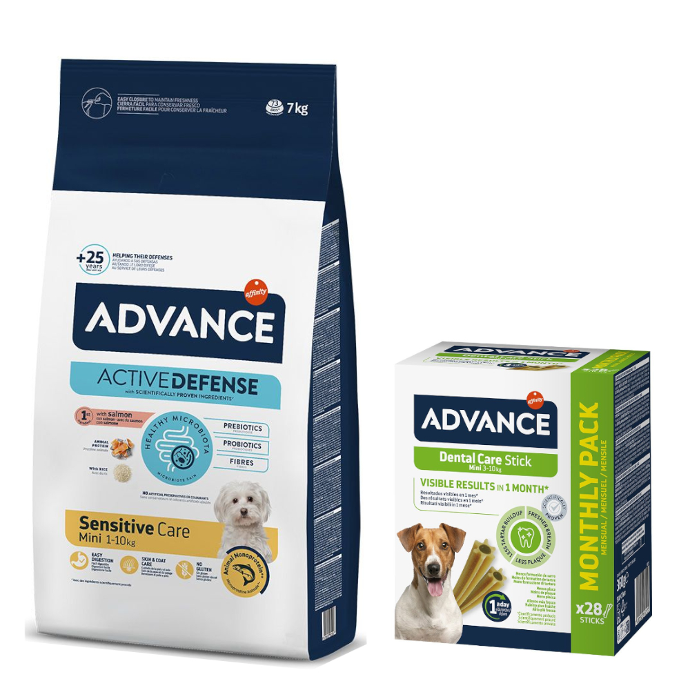 Advance Trockenfutter + passender Snack gratis! - 7 kg Mini Sensitive + 360 g Dental Mini Sticks von Affinity Advance