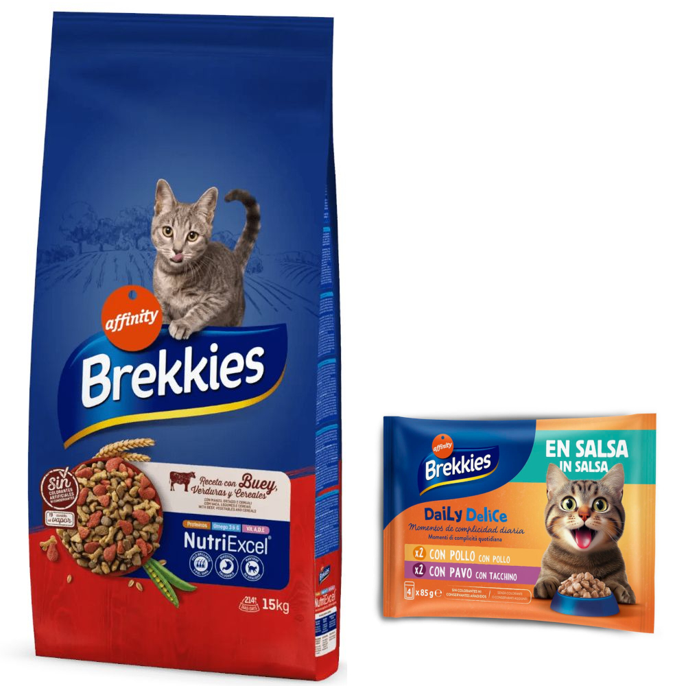 15 kg Brekkies Trockenfutter + 4 x 85 g Daily Delice mit Huhn & Truthahn gratis! - Rind von Affinity Brekkies