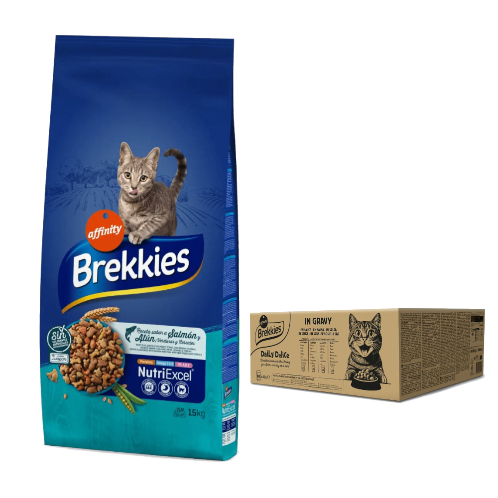15 kg Brekkies Trockenfutter + 80 x 85 g Daily Delice zum Sonderpreis! - Complete + Mixpaket in Soße von Affinity Brekkies