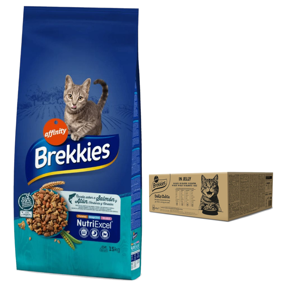 15 kg Brekkies Trockenfutter + 80 x 85 g Daily Delice zum Sonderpreis! - Fisch + Mixpaket in Gelee von Affinity Brekkies