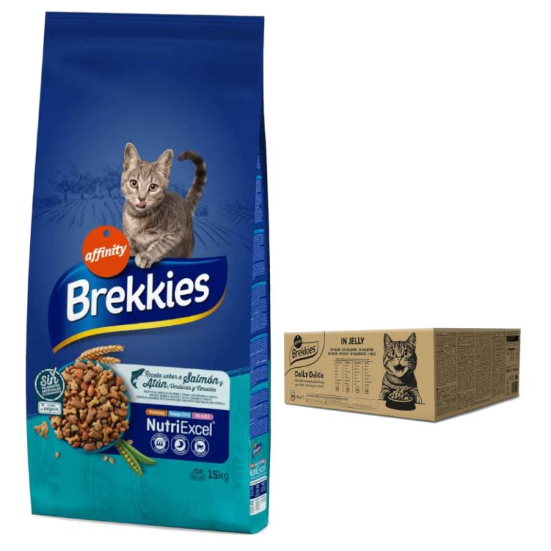15 kg Brekkies Trockenfutter + 80 x 85 g Daily Delice zum Sonderpreis! - Fisch + Mixpaket in Gelee von Affinity Brekkies