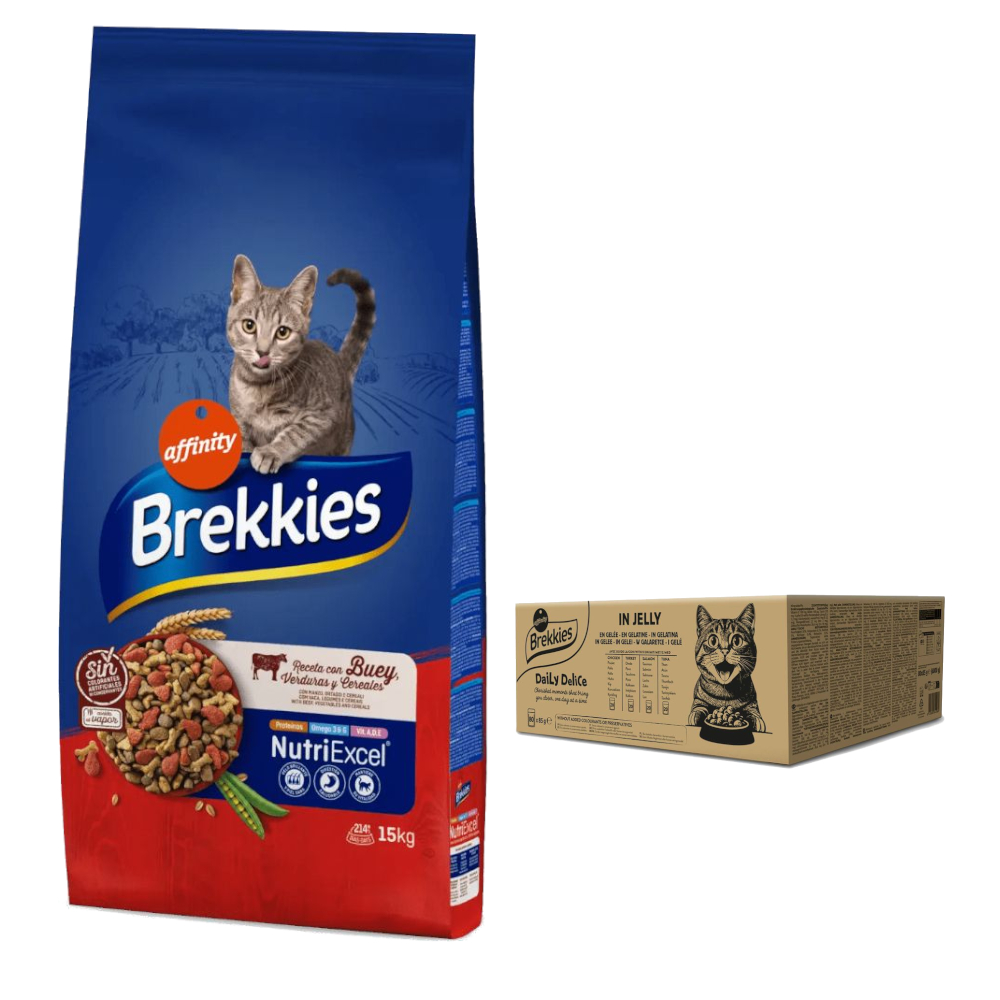15 kg Brekkies Trockenfutter + 80 x 85 g Daily Delice zum Sonderpreis! - Rind + Mixpaket in Gelee von Affinity Brekkies