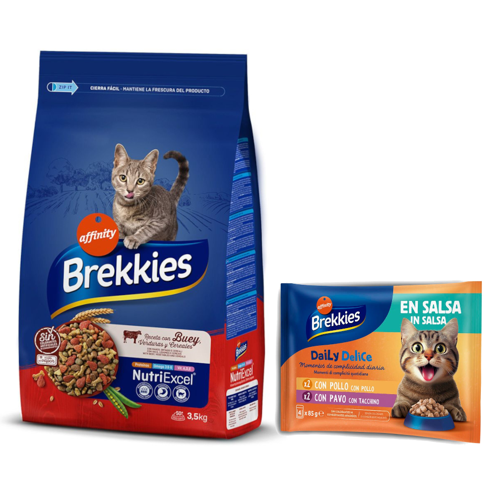 3 kg / 3,5 kg Brekkies Trockenfutter + 4 x 85 g Daily Delice Nassfutter gratis! - 3,5 kg Rind + 4 x 85 g Huhn & Truthahn von Affinity Brekkies