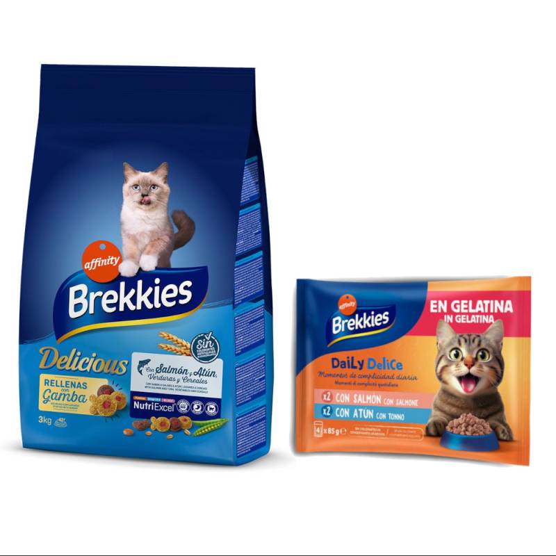 3 kg / 3,5 kg Brekkies Trockenfutter + 4 x 85 g Daily Delice Nassfutter gratis! - 3 kg Delicious Fisch + 4 x 85 g Lachs & Thunfisch von Affinity Brekkies