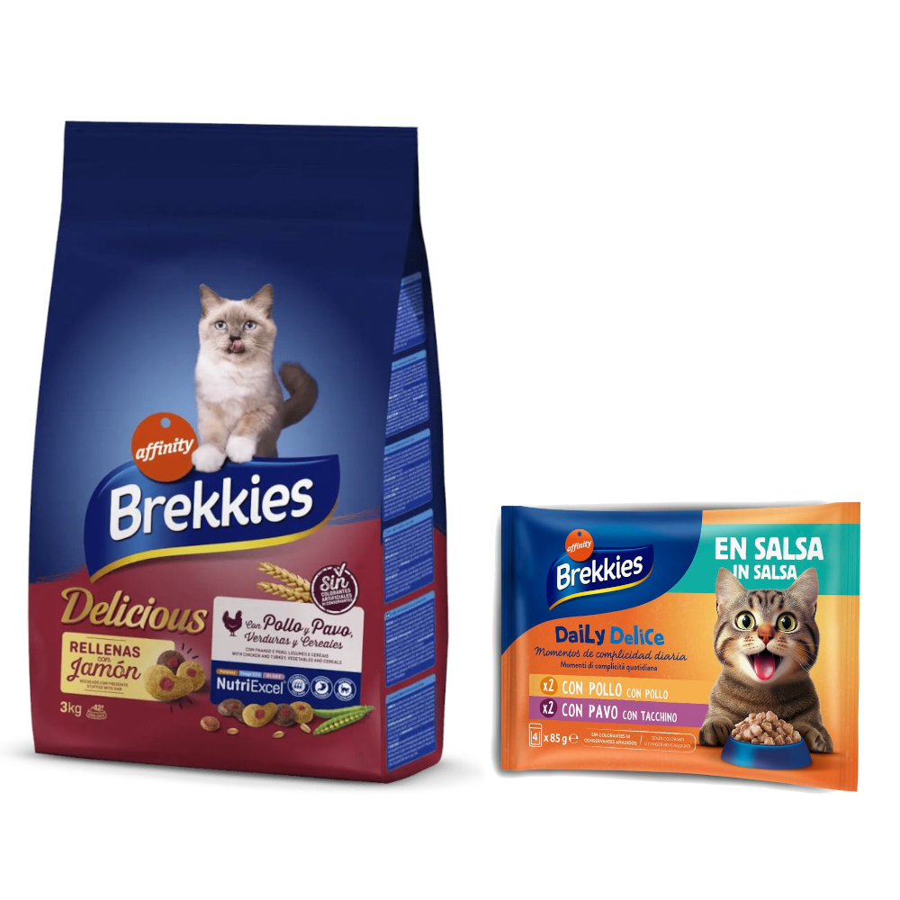 3 kg / 3,5 kg Brekkies Trockenfutter + 4 x 85 g Daily Delice Nassfutter gratis! - 3 kg Delicious Huhn, Truthahn & Gemüse + 4 x 85 g Huhn & Truthahn von Affinity Brekkies