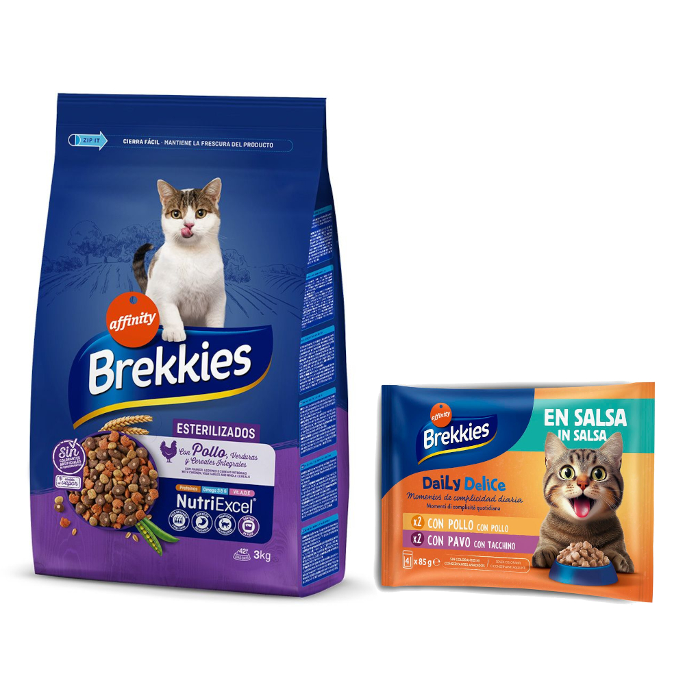 3 kg / 3,5 kg Brekkies Trockenfutter + 4 x 85 g Daily Delice Nassfutter gratis! - 3 kg Sterilized + 4 x 85 g Huhn & Truthahn von Affinity Brekkies