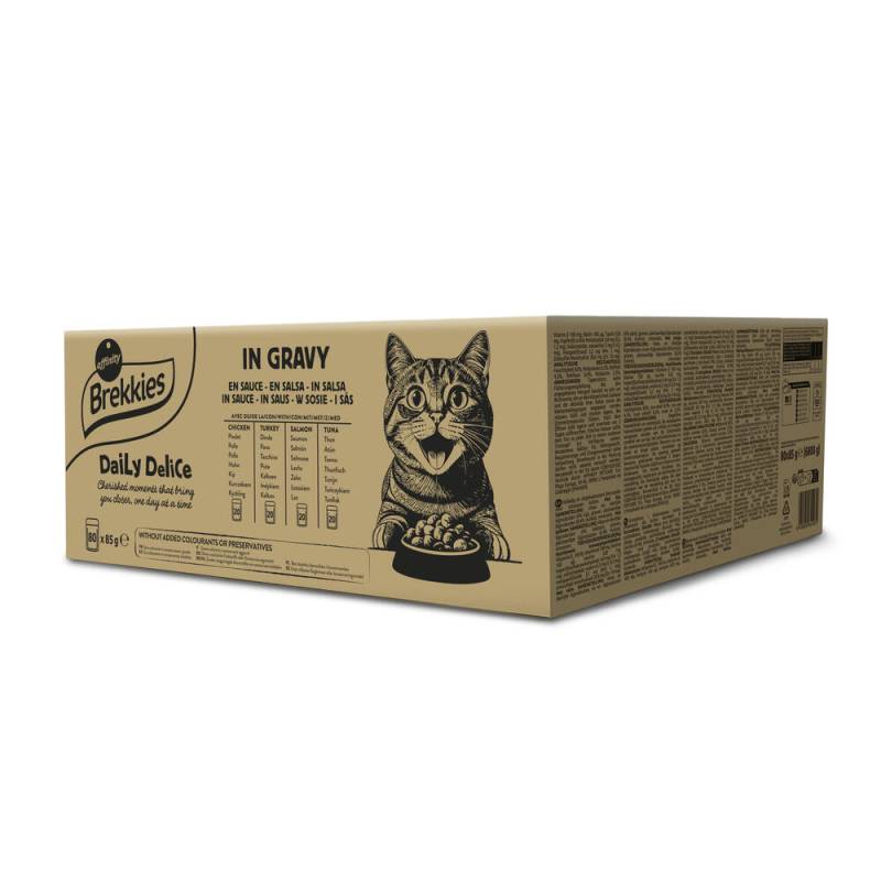 60 + 20 gratis! 80 x 85 g Brekkies Daily Delice Adult Cat - Mixpaket in Soße (Chicken, Turkey, Salmon, Tuna) von Affinity Brekkies