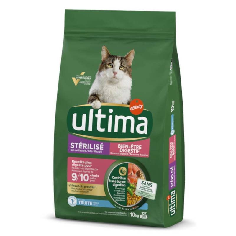 1,5 kg gratis! 7,5 kg / 10 kg Ultima - 10 kg Sterilized Digestive Well-Being Forelle von Affinity Ultima
