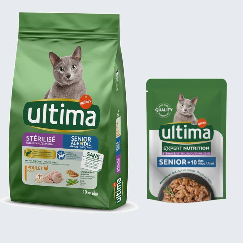 10 kg Ultima Trockenfutter + passendes Nassfutter gratis! - Sterilized Senior + 4 x 70 g Expert Nutrition Senior Huhn & Rind von Affinity Ultima