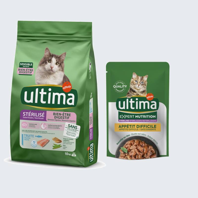 10 kg Ultima Trockenfutter + passendes Nassfutter gratis! - Sterilized Sensible Forelle + 4 x 70 g Expert Nutrition Difficult Appetite Thunfisch & Huhn von Affinity Ultima