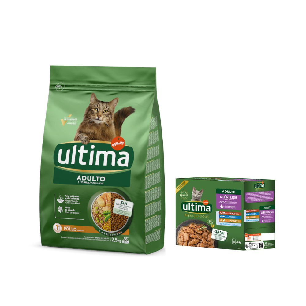 2,5 kg Ultima Trockenfutter + passendes Nassfutter gratis!  - Adult Huhn + 8 x 85 g Sterilized Mix II von Affinity Ultima