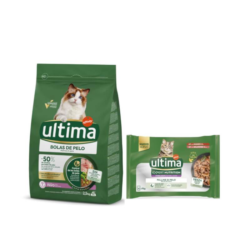 2,5 kg Ultima Trockenfutter + passendes Nassfutter gratis!  - Hairball Truthahn + 4 x 70 g Expert Nutrition Hairball Rind & Lachs von Affinity Ultima