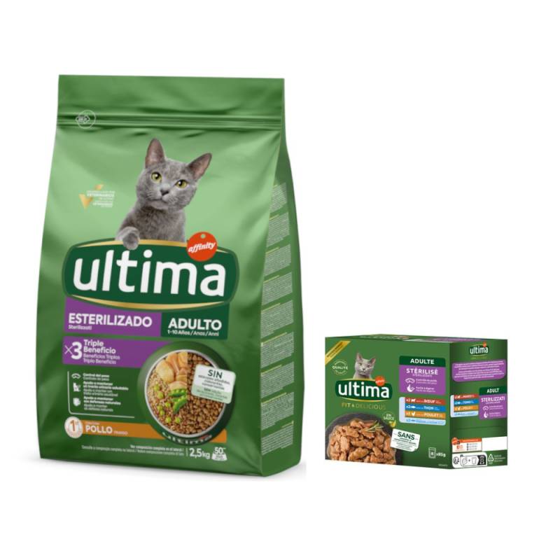 2,5 kg Ultima Trockenfutter + passendes Nassfutter gratis!  - Sterilized Adult Huhn + 8 x 85 g Sterilized Mix II von Affinity Ultima