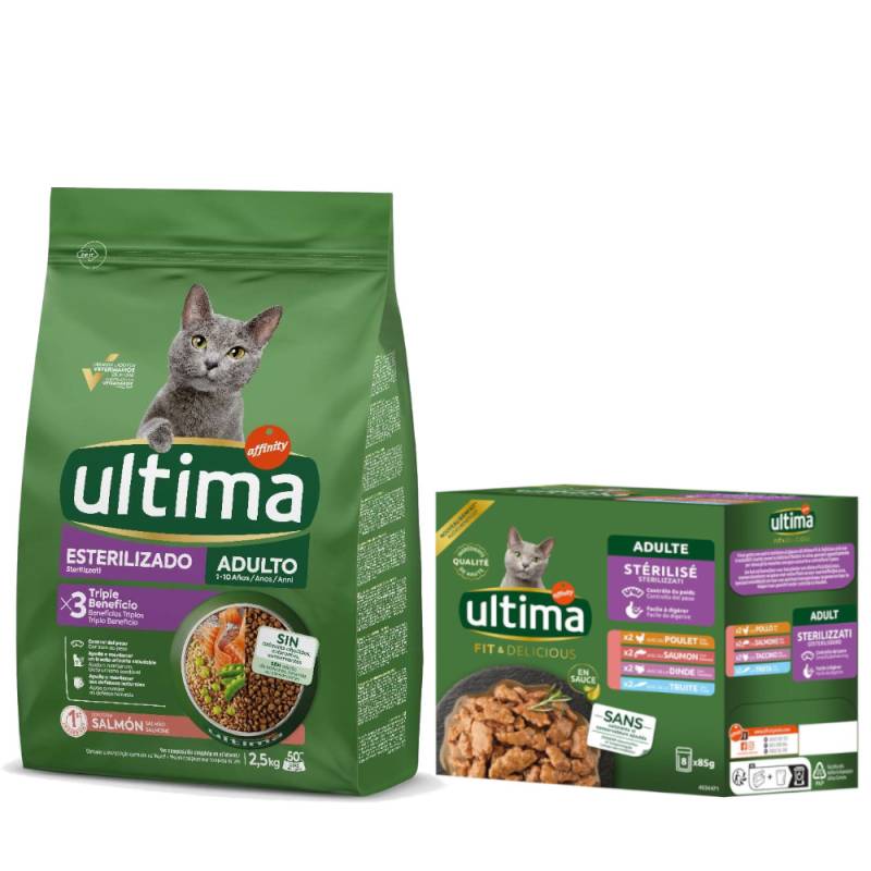 2,5 kg Ultima Trockenfutter + passendes Nassfutter gratis!  - Sterilized Adult Lachs + 8 x 85 g Sterilized Mix I von Affinity Ultima