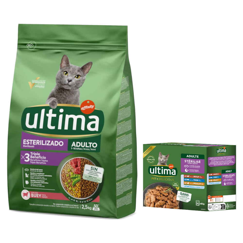 2,5 kg Ultima Trockenfutter + passendes Nassfutter gratis!  - Sterilized Adult Rind + 8 x 85 g Sterilized Mix II von Affinity Ultima