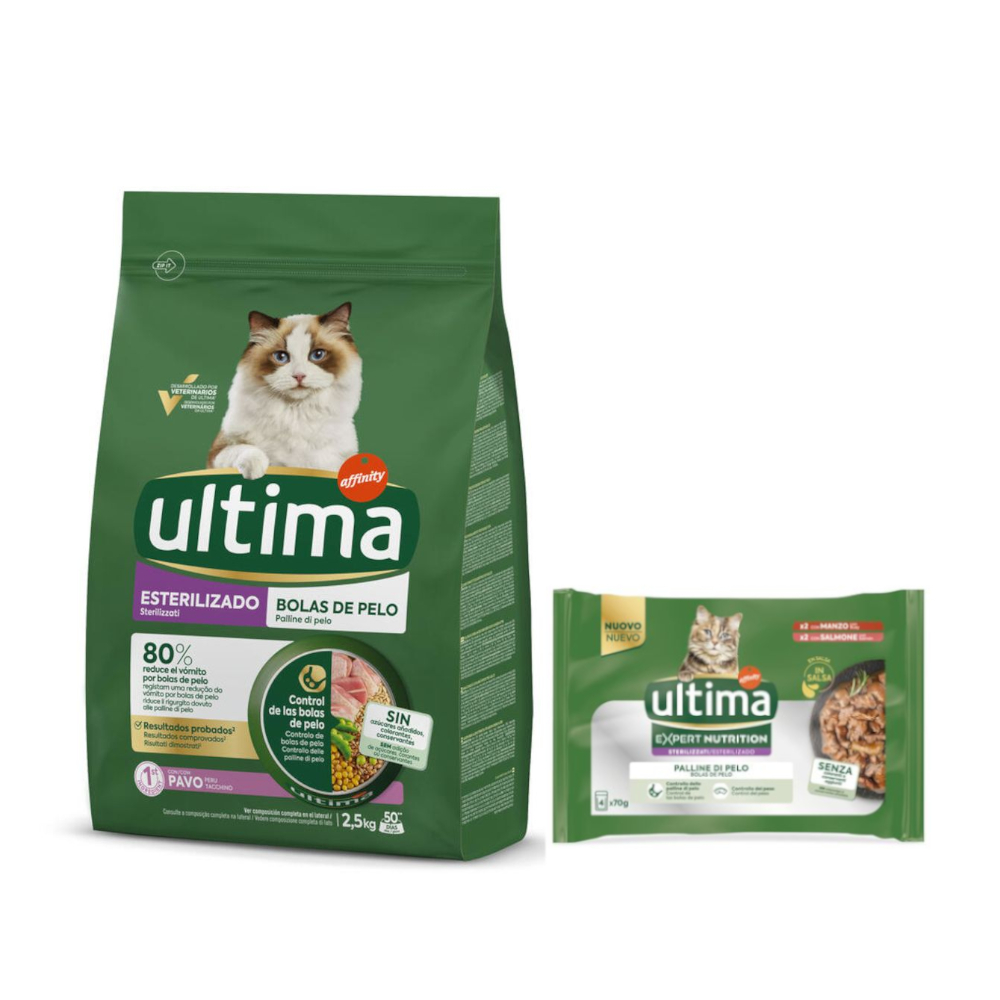 2,5 kg Ultima Trockenfutter + passendes Nassfutter gratis!  - Sterilized Hairball Truthahn + 4 x 70 g Expert Nutrition Hairball Rind & Lachs von Affinity Ultima