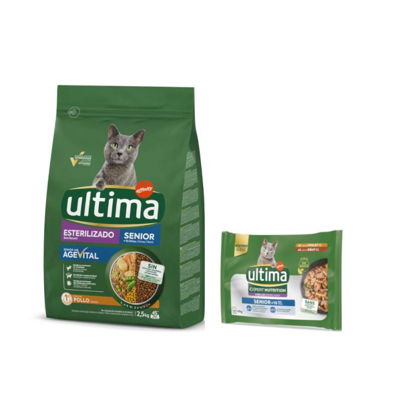 2,5 kg Ultima Trockenfutter + passendes Nassfutter gratis!  - Sterilized Senior Huhn + 4 x 70 g Expert Nutrition Senior Huhn & Rind von Affinity Ultima