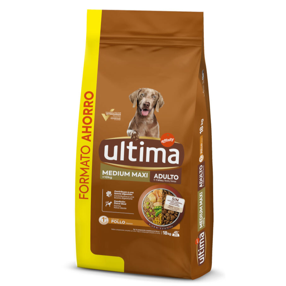 2 kg gratis! 7 kg / 12 kg / 14 kg / 18 kg Ultima - 18 kg Medium / Maxi Adult Huhn & Reis von Affinity Ultima