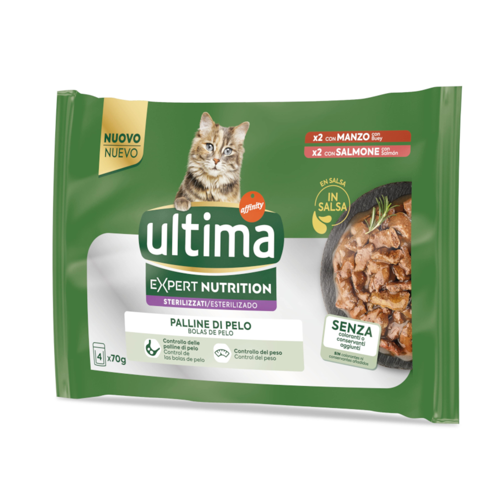 3 + 1 gratis! 4 x (4 x 70 g) Ultima Cat Expert Nutrition - Hairball Rind & Lachs von Affinity Ultima