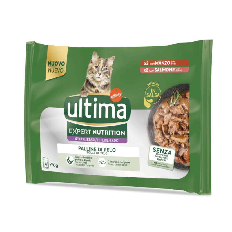 3 + 1 gratis! 4 x (4 x 70 g) Ultima Cat Expert Nutrition - Hairball Rind & Lachs von Affinity Ultima