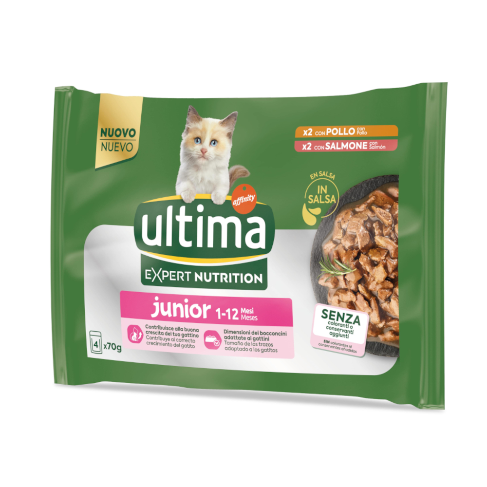3 + 1 gratis! 4 x (4 x 70 g) Ultima Cat Expert Nutrition - Junior Huhn & Lachs von Affinity Ultima