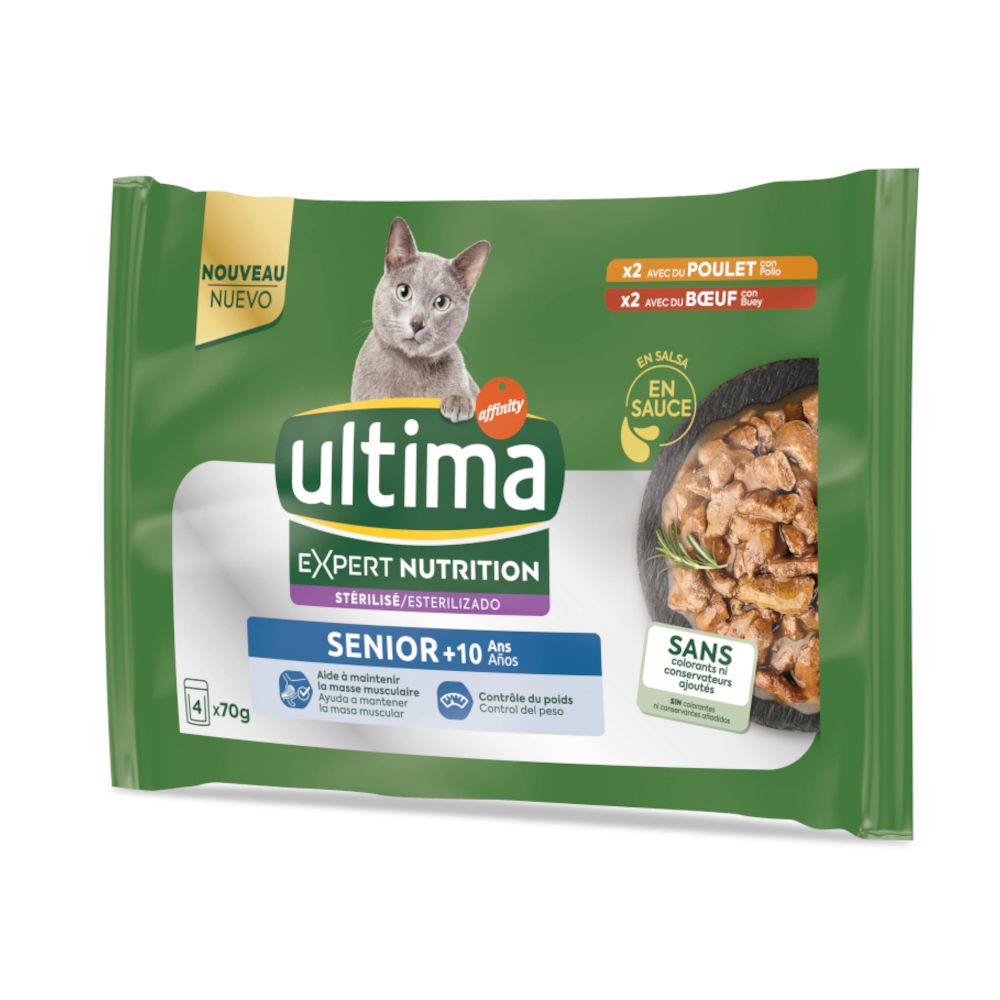 3 + 1 gratis! 4 x (4 x 70 g) Ultima Cat Expert Nutrition - Senior Huhn & Rind von Affinity Ultima