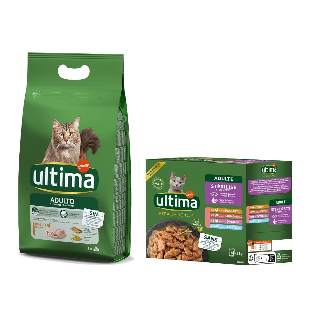 3 kg Ultima Trockenfutter + 8 x 85 g Sterilized Nassfutter-Mix gratis! - Adult Huhn 3 kg Ultima Trockenfutter + 8 x 85 g Sterilized Nassfutter-Mix gratis! - Adult Huhn von Affinity Ultima