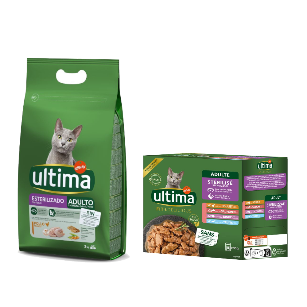3 kg Ultima Trockenfutter + 8 x 85 g Sterilized Nassfutter-Mix gratis! - Sterilized Adult Huhn 3 kg Ultima Trockenfutter + 8 x 85 g Sterilized Nassfutter-Mix gratis! - Sterilized Adult Huhn von Affinity Ultima