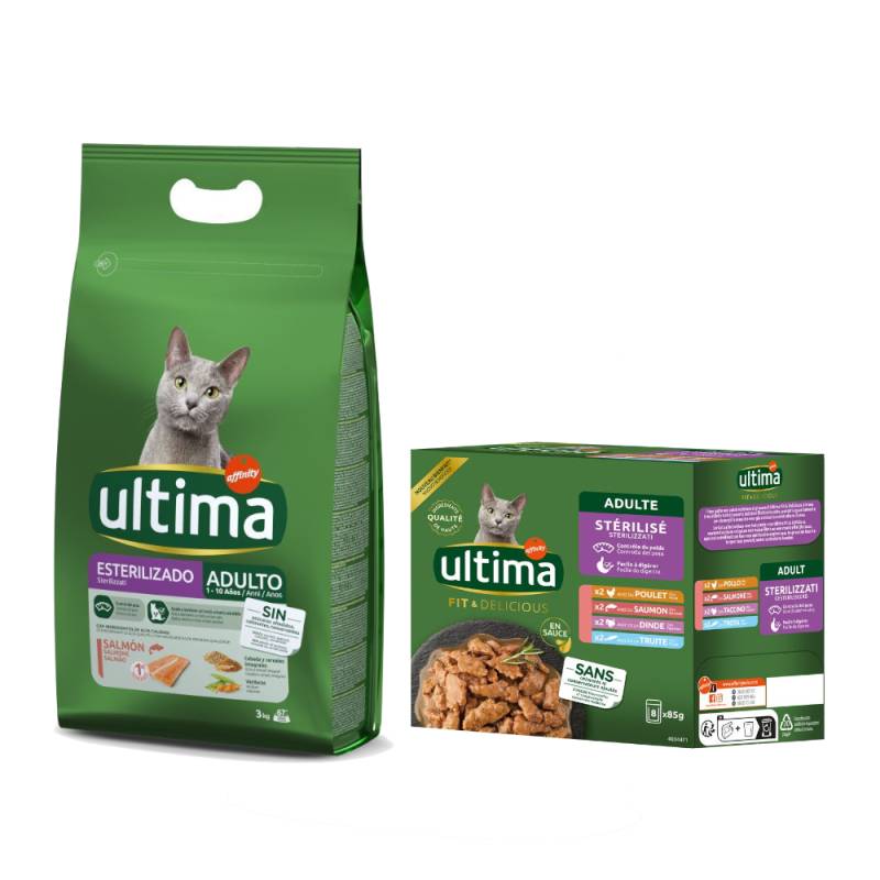 3 kg Ultima Trockenfutter + 8 x 85 g Sterilized Nassfutter-Mix gratis! - Sterilized Adult Lachs von Affinity Ultima
