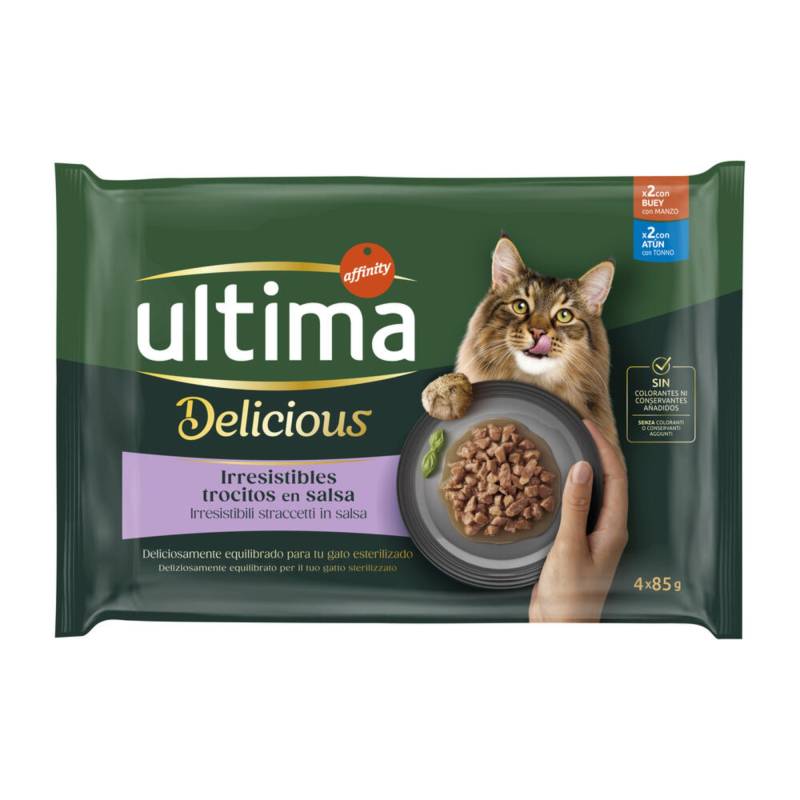 38 + 10 gratis! 48 x 85 g Ultima Adult - Delicious  Sterilized: Rind und Thunfisch von Affinity Ultima