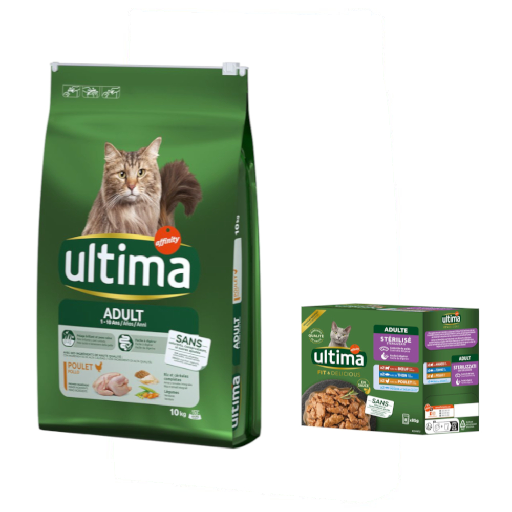 7,5 kg / 10 kg Ultima + passendes Nassfutter gratis! - 10 kg Adult Huhn + 8 x 85 g Sterilized Mix II von Affinity Ultima