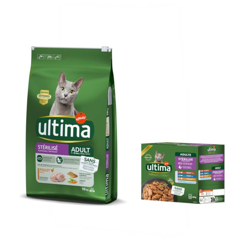 7,5 kg / 10 kg Ultima + passendes Nassfutter gratis! - 10 kg Sterilized Adult Huhn + 8 x 85 g Sterilized Mix II von Affinity Ultima