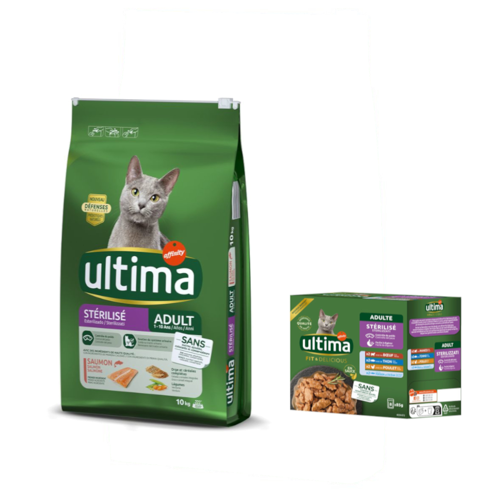 7,5 kg / 10 kg Ultima + passendes Nassfutter gratis! - 10 kg Sterilized Adult Lachs + 8 x 85 g Sterilized Mix II von Affinity Ultima