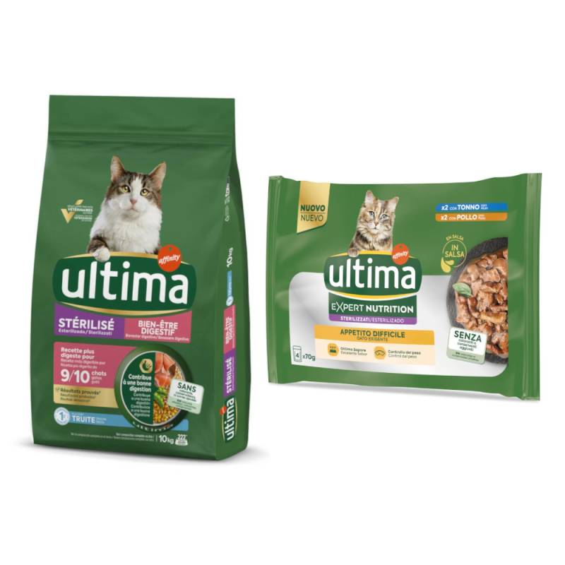 7,5 kg / 10 kg Ultima + passendes Nassfutter gratis! - 10 kg Sterilized Digestive Well-Being Forelle + 4 x 70 g Expert Nutrition Difficult Appetite Thunfisch & Huhn von Affinity Ultima