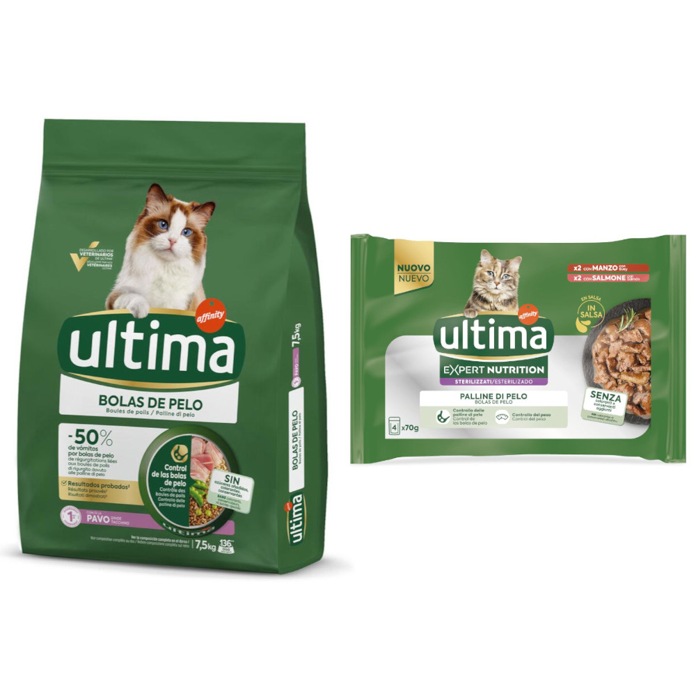 7,5 kg / 10 kg Ultima + passendes Nassfutter gratis! - 7,5 kg Hairball Truthahn + 4 x 70 g Expert Nutrition Hairball Rind & Lachs von Affinity Ultima