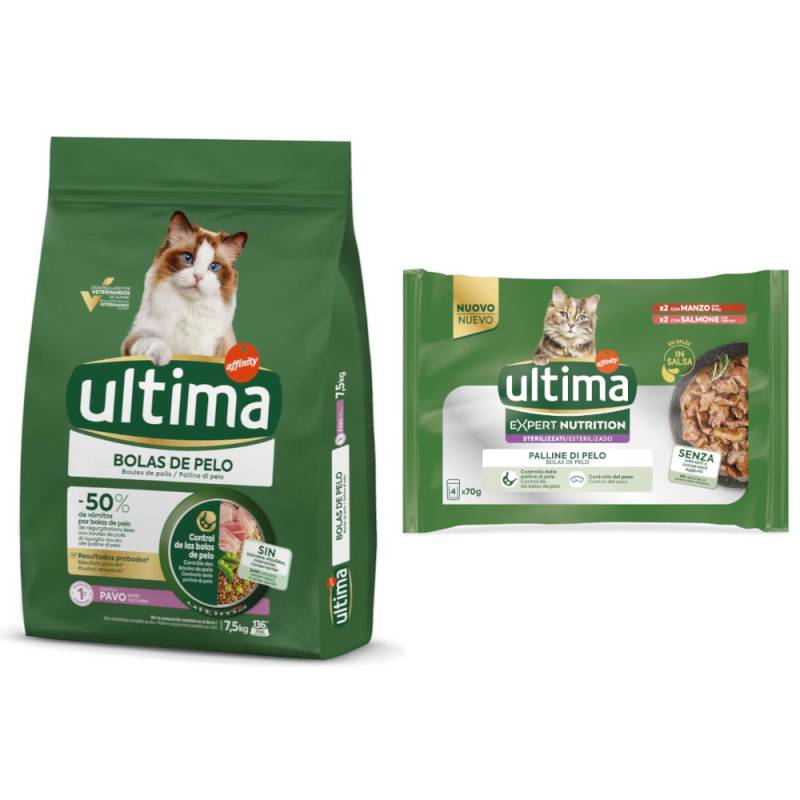 7,5 kg / 10 kg Ultima + passendes Nassfutter gratis! - 7,5 kg Hairball Truthahn + 4 x 70 g Expert Nutrition Hairball Rind & Lachs von Affinity Ultima