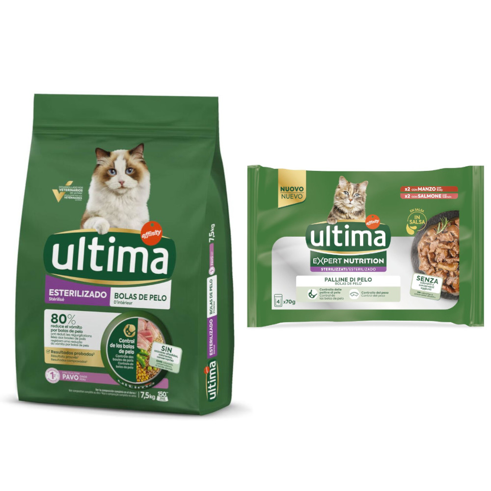7,5 kg / 10 kg Ultima + passendes Nassfutter gratis! - 7,5 kg Sterilized Hairball Truthahn + 4 x 70 g Expert Nutrition Hairball Rind & Lachs von Affinity Ultima