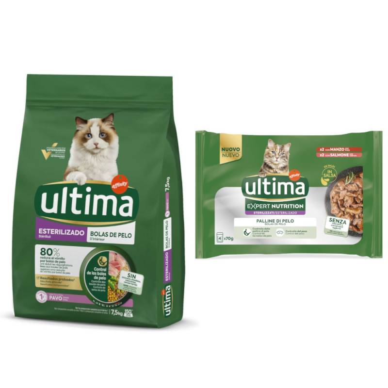 7,5 kg / 10 kg Ultima + passendes Nassfutter gratis! - 7,5 kg Sterilized Hairball Truthahn + 4 x 70 g Expert Nutrition Hairball Rind & Lachs von Affinity Ultima