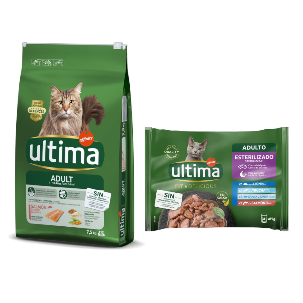 7,5 kg Ultima Cat + 48 x 85 g Sterilized Nassfutter zum Sonderpreis! - Adult Lachs + Fischauswahl von Affinity Ultima