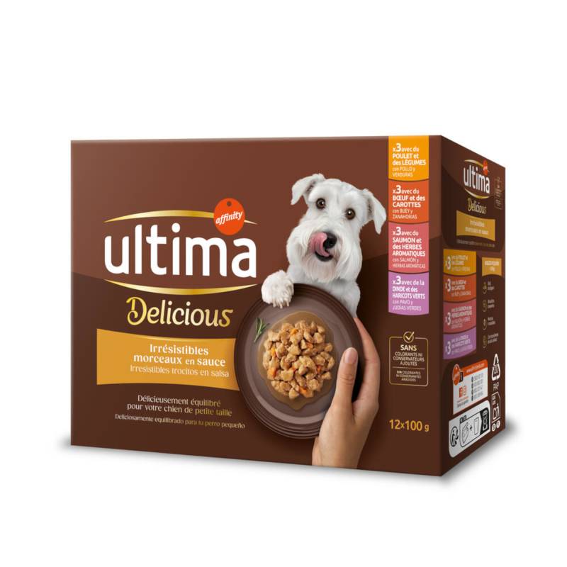 Mixpaket Ultima Delicious Häppchen in Soße (Huhn, Rind, Lachs, Truthahn) - 12 x 100 g von Affinity Ultima
