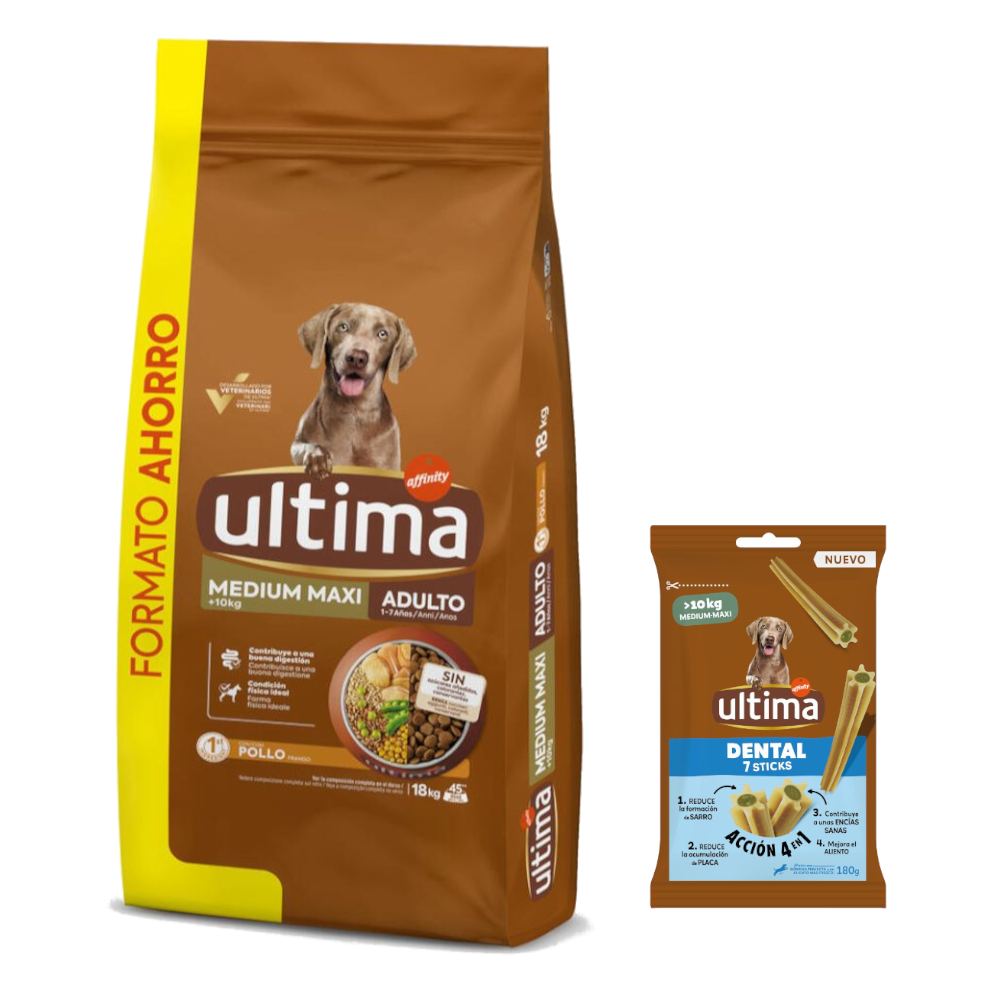 Ultima Trockenfutter + 180 g Dental Sticks Medium / Maxi gratis! - Medium / Maxi Adult Huhn & Reis 18 kg von Affinity Ultima