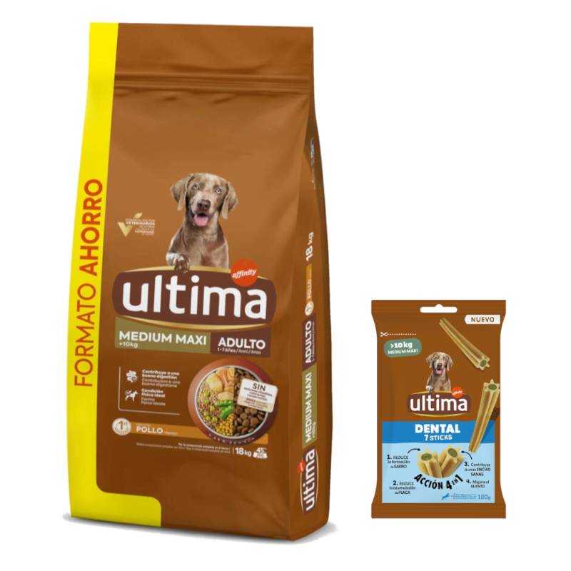 Ultima Trockenfutter + 180 g Dental Sticks Medium / Maxi gratis! - Medium / Maxi Adult Huhn & Reis 18 kg von Affinity Ultima