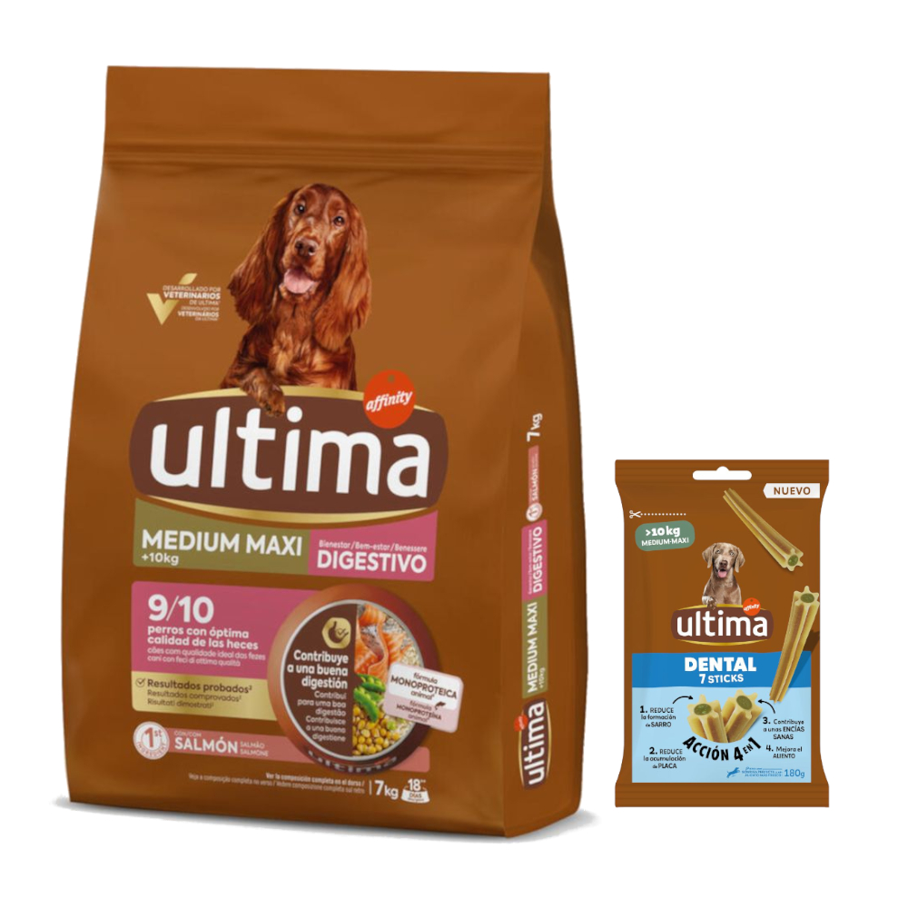 Ultima Hundefutter + 180 g Dental Sticks Medium / Maxi gratis! - Medium / Maxi Digestive Well-Being Lachs 7 kg von Affinity Ultima