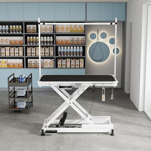 Afqxf Elektrischer Fellpflegetisch für Hunde, 127,7 cm, robust, für große Hunde zu Hause, mit verstellbaren Überkopfarmen und 2 Fellpflege-Schlingen, Weiß von Afqxf