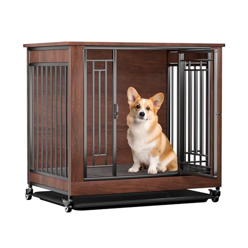 Hundekäfig Möbel, 32 Zoll Hundehütte Möbel, Kleine Hundehütte Innen, Hundekästen für Kleine Hunde, Hundebox Holz mit Rädern, Tablett, Futterfenster Hundekäfig Möbel, 32 Zoll Hundehütte Möbel, Kleine Hundehütte Innen, Hundekästen für Kleine Hunde, Hundebox Holz mit Rädern, Tablett, Futterfenster von Ageroul