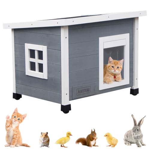 Agitree Haustierhaus aus Holz für den Außenbereich, wetterfester Winterschutz für Hunde und Katzen, erhöhtes Design mit Fenster (Grau) von Agitree