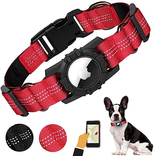 AgoumLux Airtag Hundehalsband Hunde Air Tag Halter Halsband Nylon Verstellbar Reflektierend für Kleine, Mittelgroße und Große, Rot, M von AgoumLux