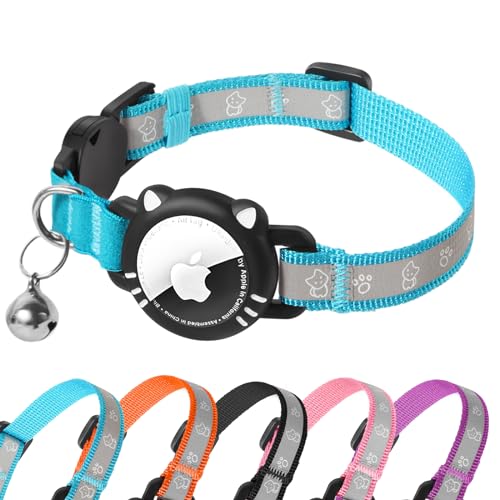 AgoumLux Airtag Katzenhalsband AirTag Halsband Katze Reflektierend mit Sicherheitsverschluss Glocke Katzenhalsbänder mit Airtag Hülle Verstellbar für Katzen, Blau, S(23-33 cm) von AgoumLux