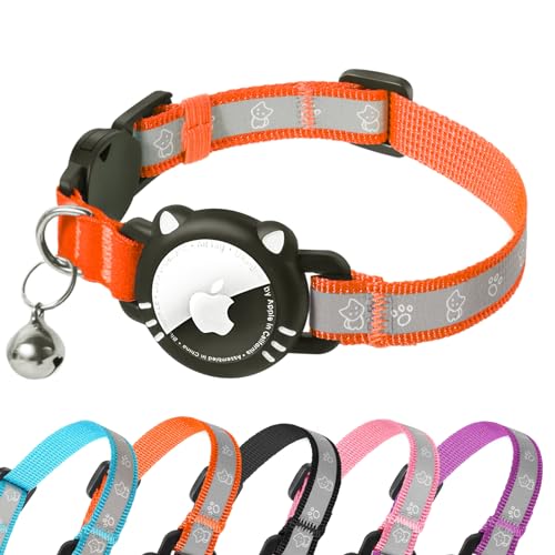 AgoumLux Airtag Katzenhalsband AirTag Halsband Katze Reflektierend mit Sicherheitsverschluss Glocke Katzenhalsbänder mit Airtag Hülle Verstellbar für Katzen, Orange, XS(17.5-23 cm) von AgoumLux