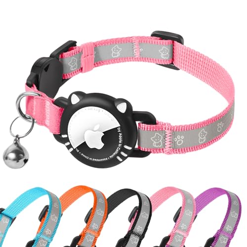 AgoumLux Airtag Katzenhalsband AirTag Halsband Katze Reflektierend mit Sicherheitsverschluss Glocke Katzenhalsbänder mit Airtag Hülle Verstellbar für Katzen, Pink, S(23-33 cm) von AgoumLux